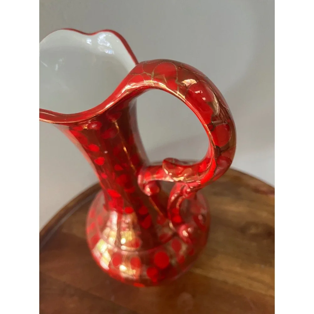 Vintage‎ Bold Red and Gold Vase Pitcher Ewer 1981 MCM vibe signd